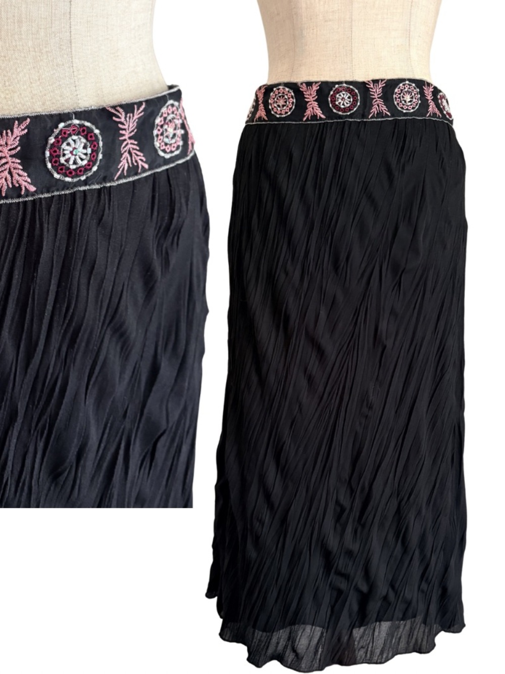 VTG Y2K Black Pink Womens Crinkle Skirt Embroidery Beads Fairy Whimsigoth Girly